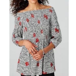 NWOT J. Jill Palm Secret Floral Print Smocked Peasant Top - Petite Medium.  NWOT